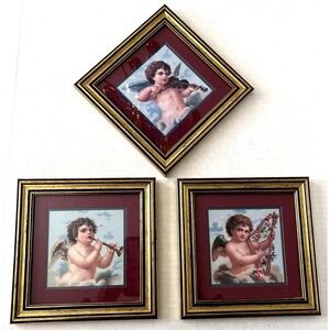 Vintage Celestial Cherub Home Interiors Framed Musical Harp Angels Set 3 2000's